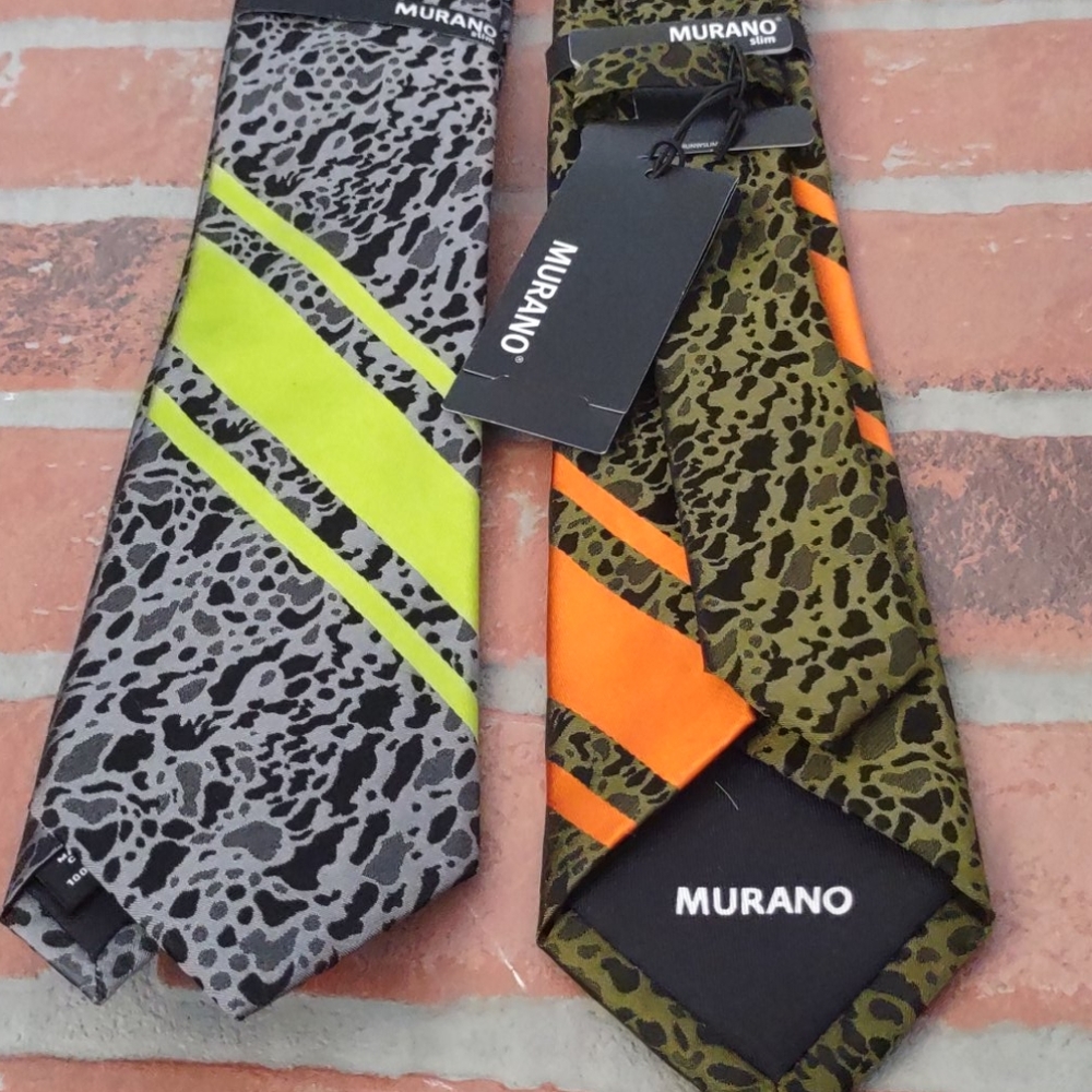 Murano Camouflage Slim Neon Green Orange Retro LOT OF 2 SILK TIES Murano $99 NEW - Picture 4 of 6